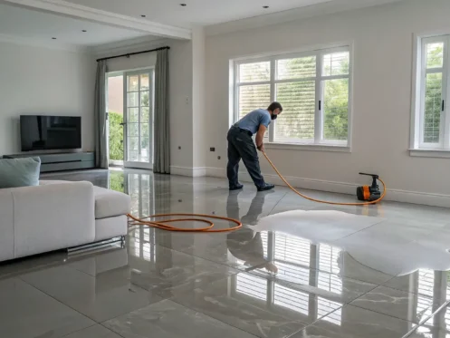 A professional from a flood damage restoration company removing water from a flooded living room.