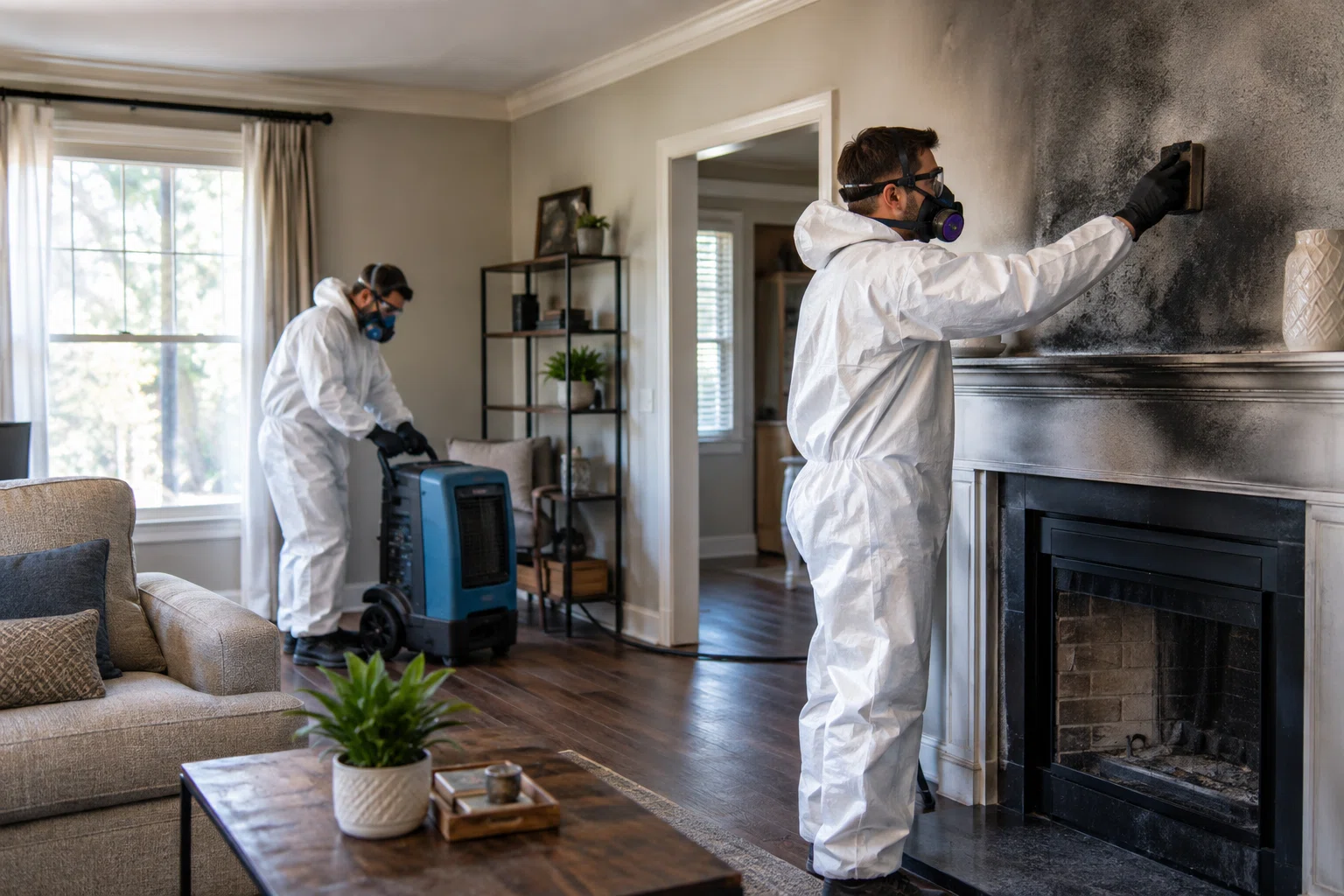 Fire and smoke damage restoration technicians cleaning a residential property