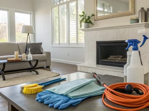 Emergency fire cleanup supplies on a table before starting home restoration.
