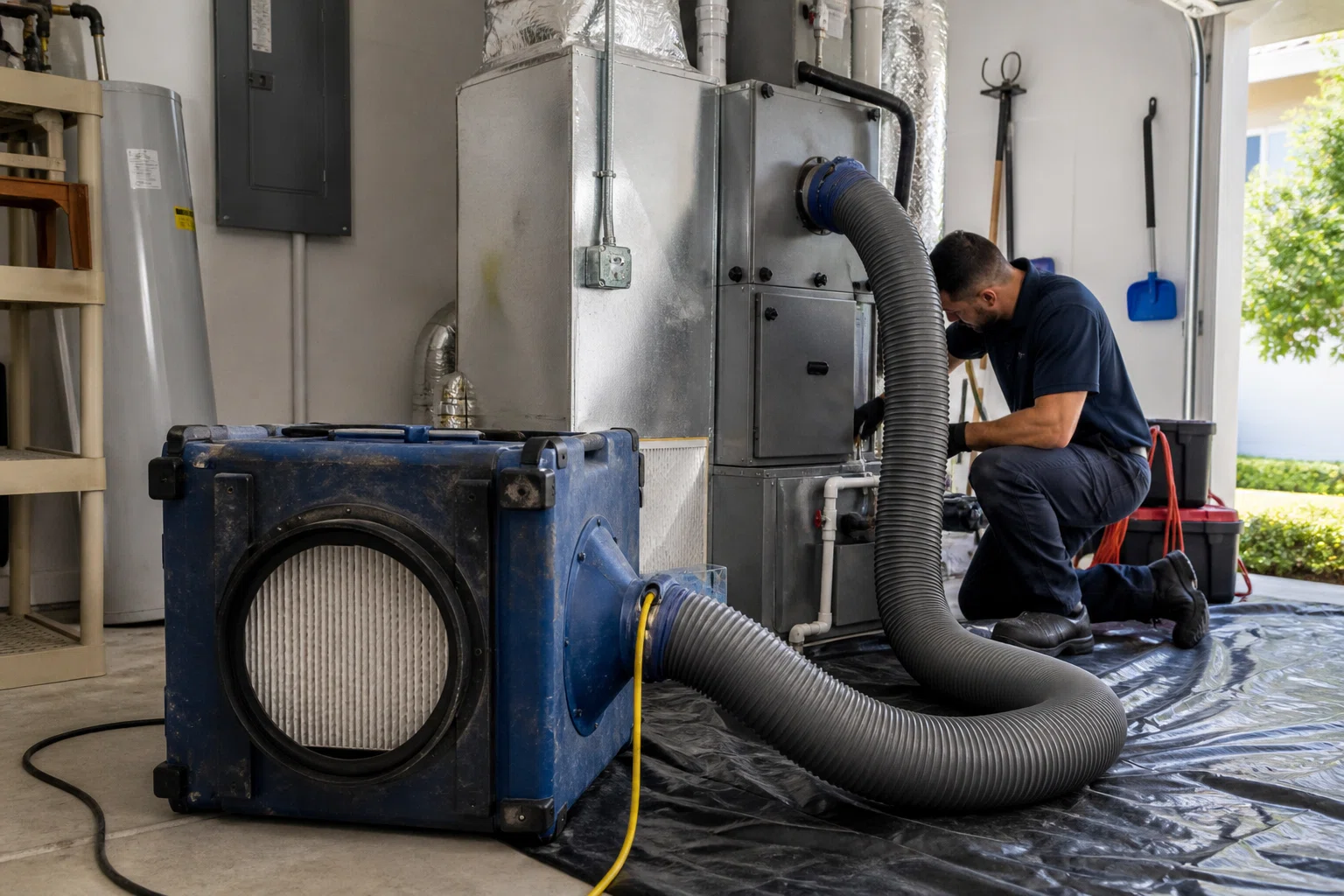 Air-handler and duct-cleaning equipment set up for HVAC decontamination