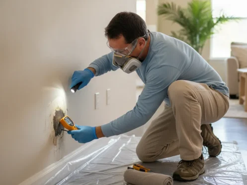 Restoration professional examining a dark mold-like patch and moisture on drywall in a Southwest Florida home