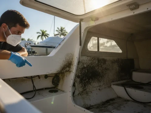 Restoration technician in protective gear inspecting mold inside a boat cabin at a Fort Myers marina