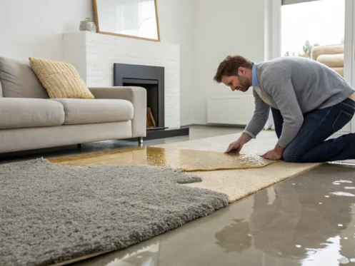Homeowner assessing water damage to determine if a wet carpet can be saved.
