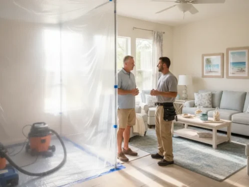 Homeowner discussing a mold remediation work area with a restoration professional in a bright Southwest Florida home