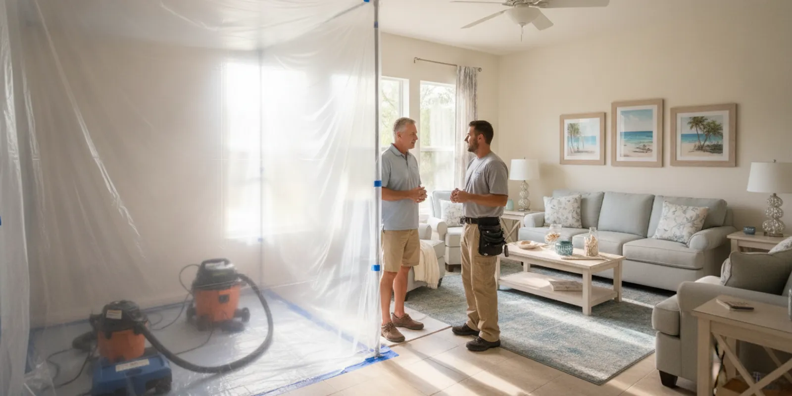 Homeowner discussing a mold remediation work area with a restoration professional in a bright Southwest Florida home