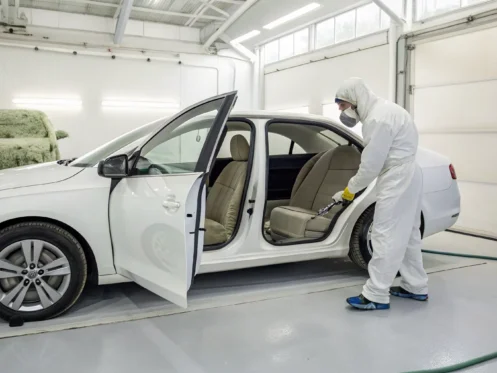 Professional in protective gear providing a car mold removal service.