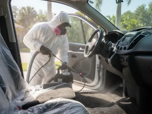 Professional technician cleaning mold from a car interior in Florida