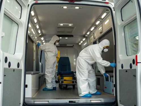 Technicians in protective suits perform emergency vehicle mold removal.
