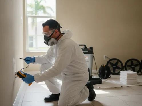 Restoration technician checking wall moisture after a water leak