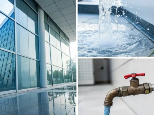 Water gushing from a burst pipe in a wall, requiring emergency leak repair.