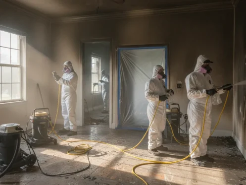 Fire damage restoration southwest Florida technician cleaning a smoke-damaged room
