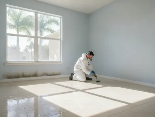 Technician assessing flood damage inside a Southwest Florida home