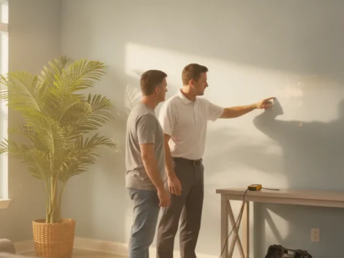 Restoration professional reviewing water damage with a homeowner in a bright Florida home