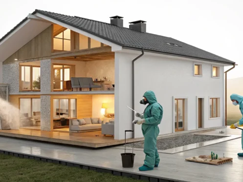 Professionals in protective suits performing a whole house odor removal service.