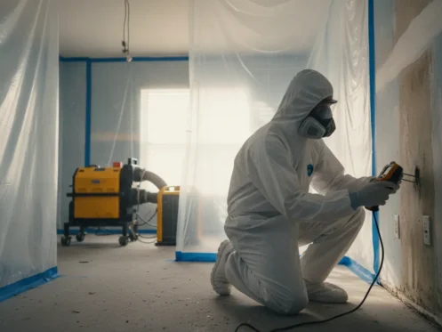 Mold remediation technician inspecting a damp wall in a Southwest Florida home