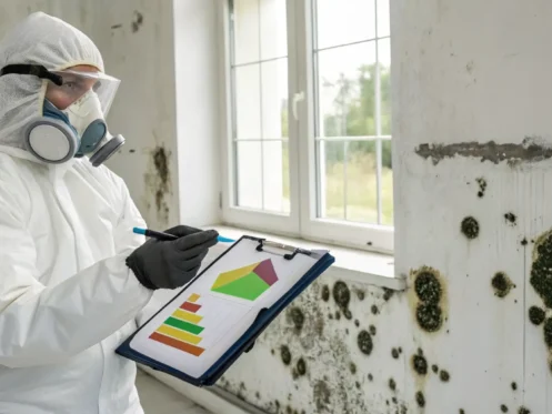 Professional in protective gear assessing the cost to remove black mold from a wall in a house.