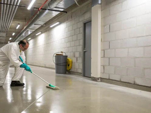 Worker in protective gear cleaning a basement to remove mildew smell.