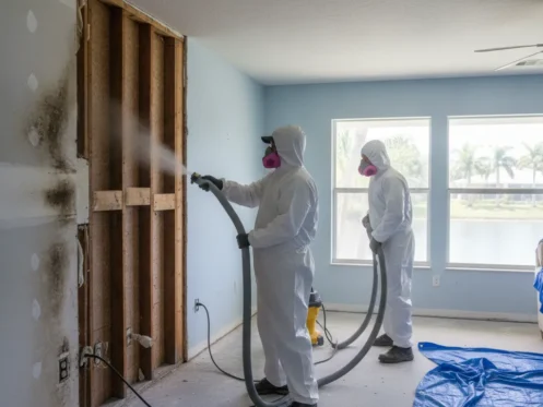 Restoration technician in protective gear performing mold remediation on a water-damaged interior wall of a Florida canal-front home