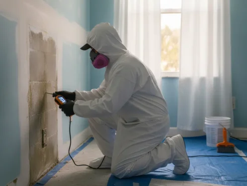Mold remediation technician inspecting a damp wall in a Southwest Florida home