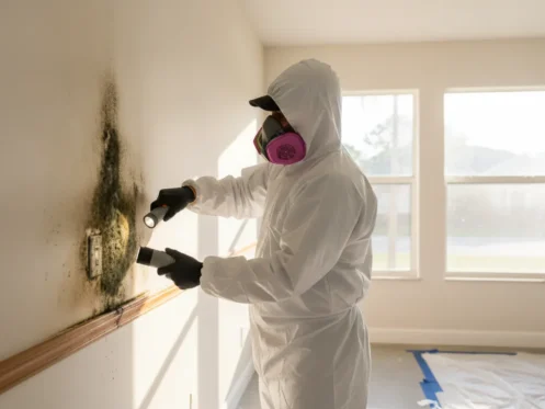 Trained mold remediation technician in protective gear inspecting mold growth in a Fort Myers home