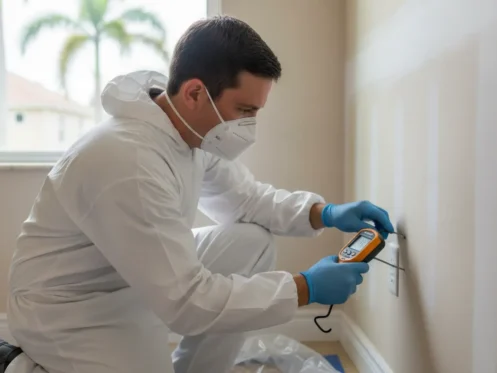 Restoration technician checking moisture beside a damp wall in a Southwest Florida home
