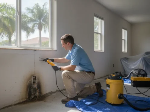 Technician checking moisture after water damage in a Florida home