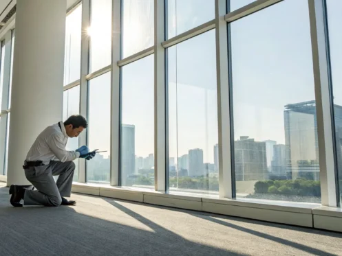 A professional conducts a mold inspection on an office building window.