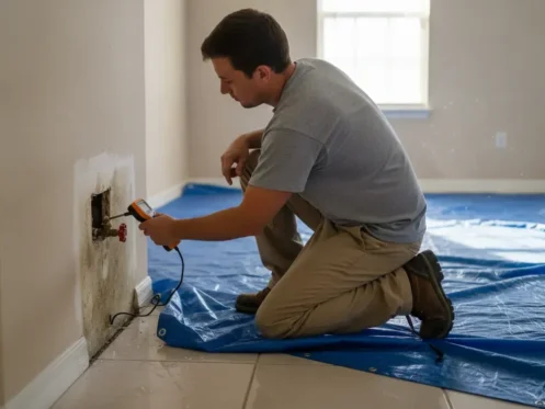 Water damage technician inspecting a burst pipe loss in a Florida home