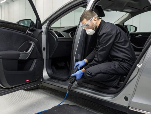 Professional cleaning technician removing mold from a car interior.