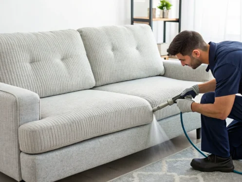 The cost of professional couch cleaning with a technician steam cleaning a sofa.