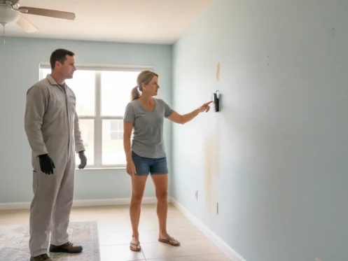 Restoration professional discussing water-damage assessment with a homeowner