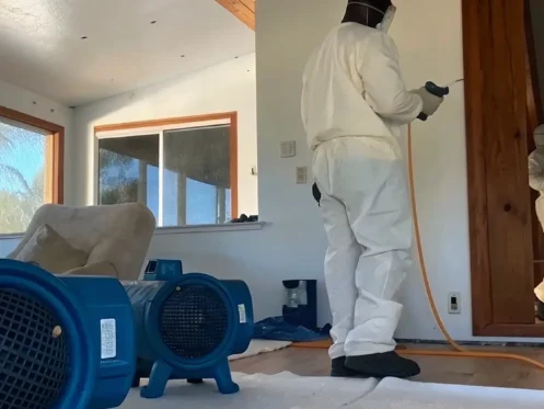 Restoration technician assessing water-damaged drywall in a bright Florida home
