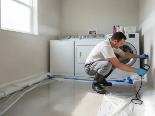 Technician measuring moisture during sewage backup cleanup in a Fort Myers home