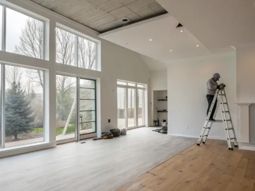 Professional cleaning a wall during smoke and soot removal services in a home.