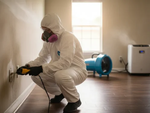 Technician checking moisture in a water-damaged Southwest Florida home
