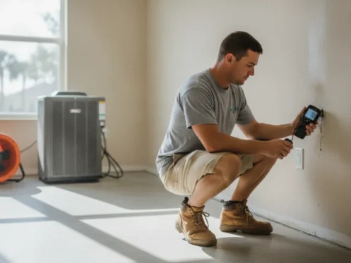 Restoration professional measuring moisture beside drying equipment in a Southwest Florida home