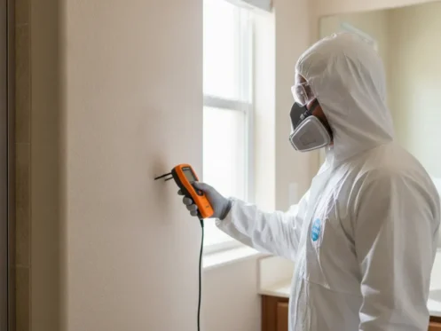Mold remediation technician checking wall moisture in a Southwest Florida home