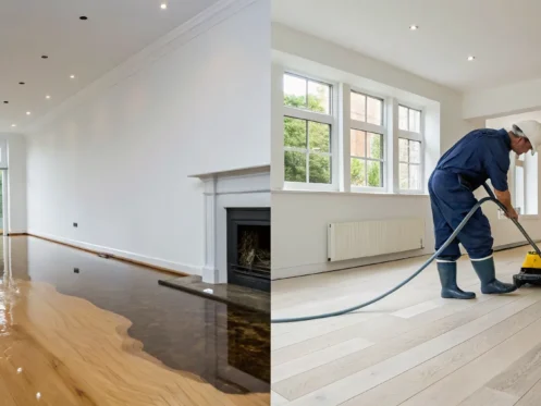 A professional performing water damage cleanup and repair on a flooded floor.