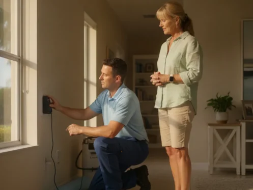 Restoration professional checking moisture in a bright Southwest Florida home