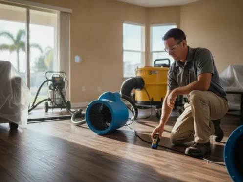 Water damage restoration technician assessing wet flooring in a Fort Myers home with drying equipment