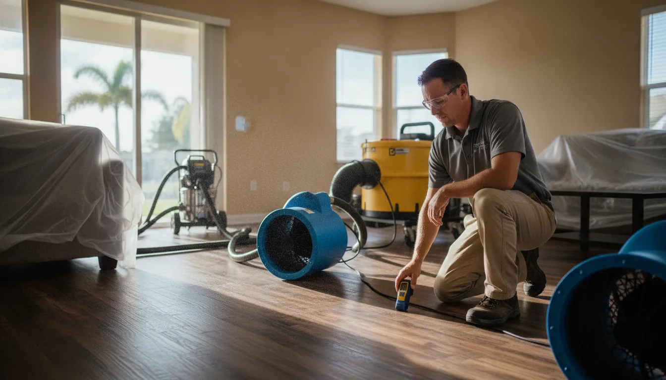 Water damage restoration technician assessing wet flooring in a Fort Myers home with drying equipment