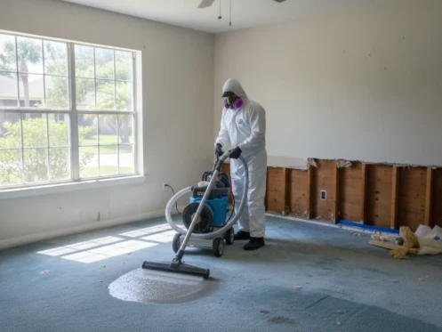 Technician inspecting water-damaged drywall during water damage restoration in a Naples Florida home