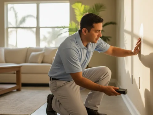 Restoration professional assessing water damage inside a bright Southwest Florida home