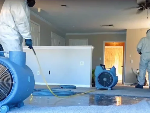 Professional water damage restoration technicians extracting water from a flooded Southwest Florida living room