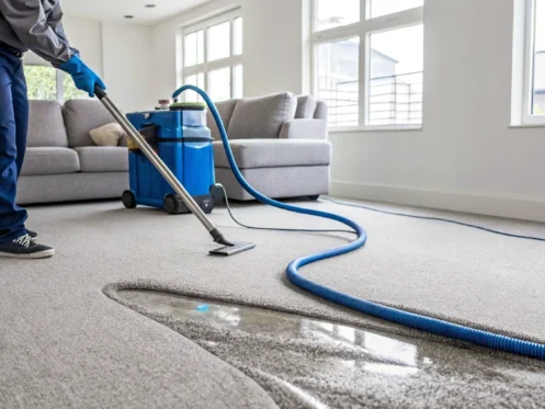 Professional water removal service extracting water from a soaked living room carpet.