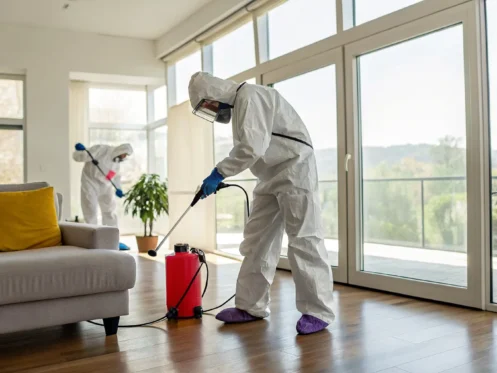 Crime scene cleanup professionals in hazmat suits decontaminating a home.