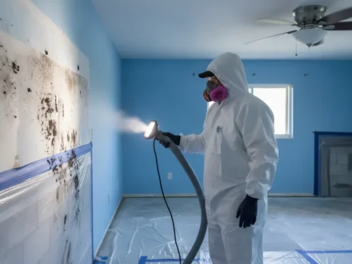 Technician inspecting mold growth on a wall during professional mold remediation in a Florida home