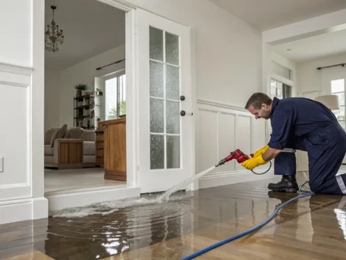 A professional removing standing water, a key step for what to do after water damage.