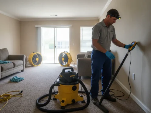 Water extraction equipment and drying fans during professional water damage restoration Naples FL