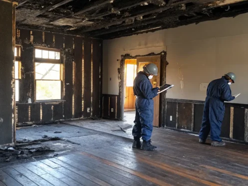 Experts assessing the cost of fire damage restoration in a burned room.
